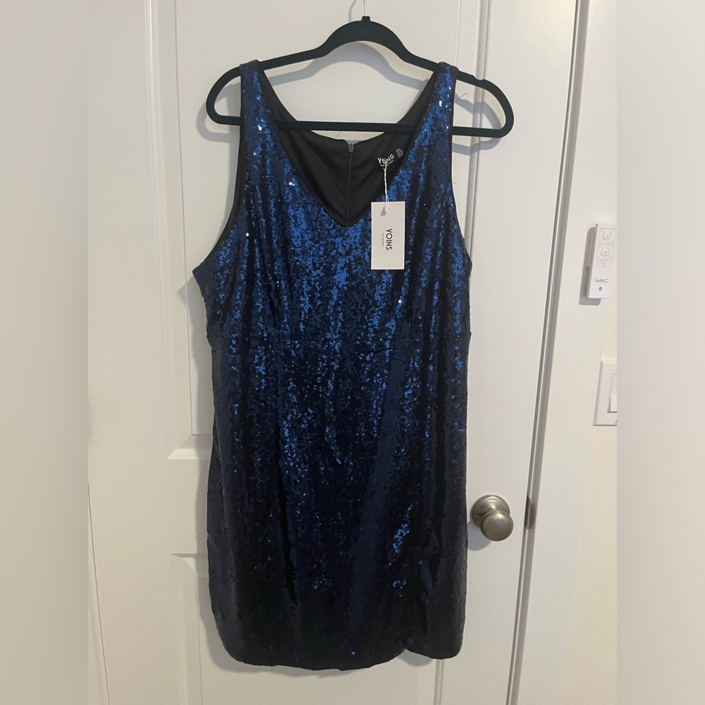 Yoins XXL Sequin Royal Blue Stretch V neck dress with slit